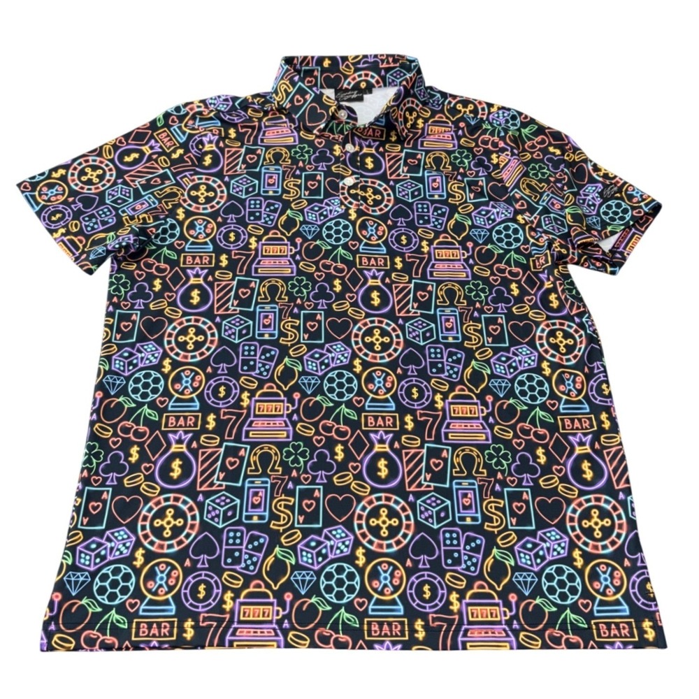 Sunday Swagger Casino Print Golf Polo Shirt Mens Large Neon Vegas Performance